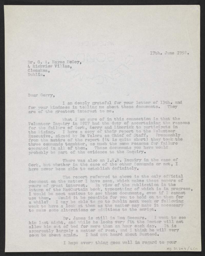 Copy letter from Florence O'Donoghue to Gerard Anthony Hayes-McCoy regarding a bundle of papers Hayes-McCoy has received dating from 1917 and regarding Limerick and the Easter Rising,