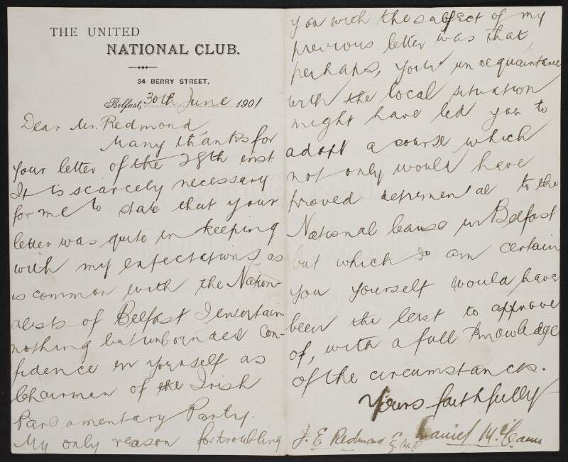 Letter from Daniel M. Cann to John Redmond regarding the previous letter he sent to Redmond,