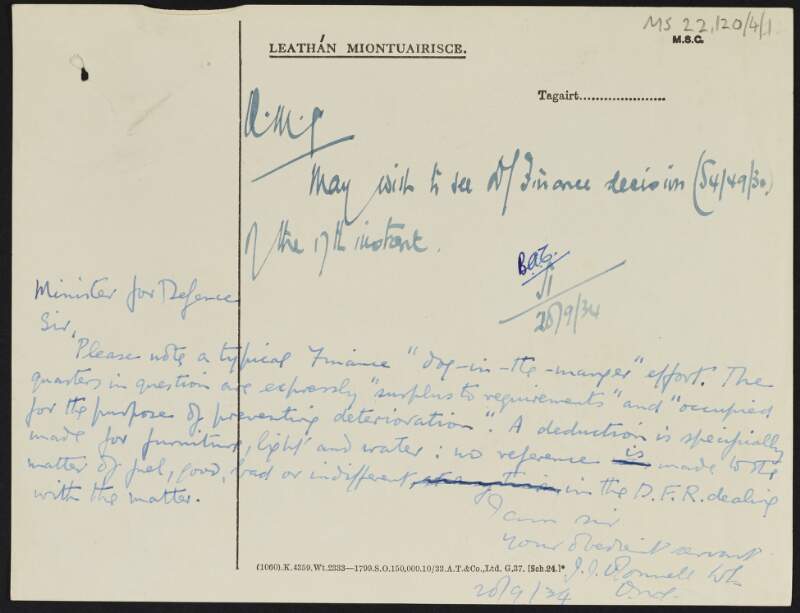 Letter from J.J. O'Connell to [Frank Aiken], Minister of Defence, regarding living quarters,