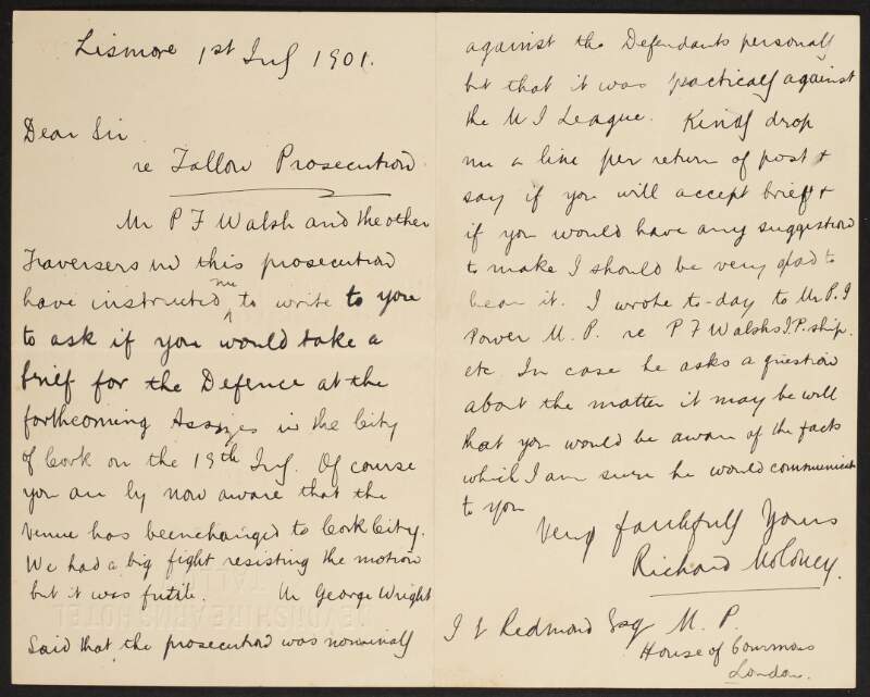 Letter from Richard Moloney to John Redmond regarding the "Tallow Prosecution" and asking Redmond to take a brief for the defence in the forthcoming assizes in Cork City,