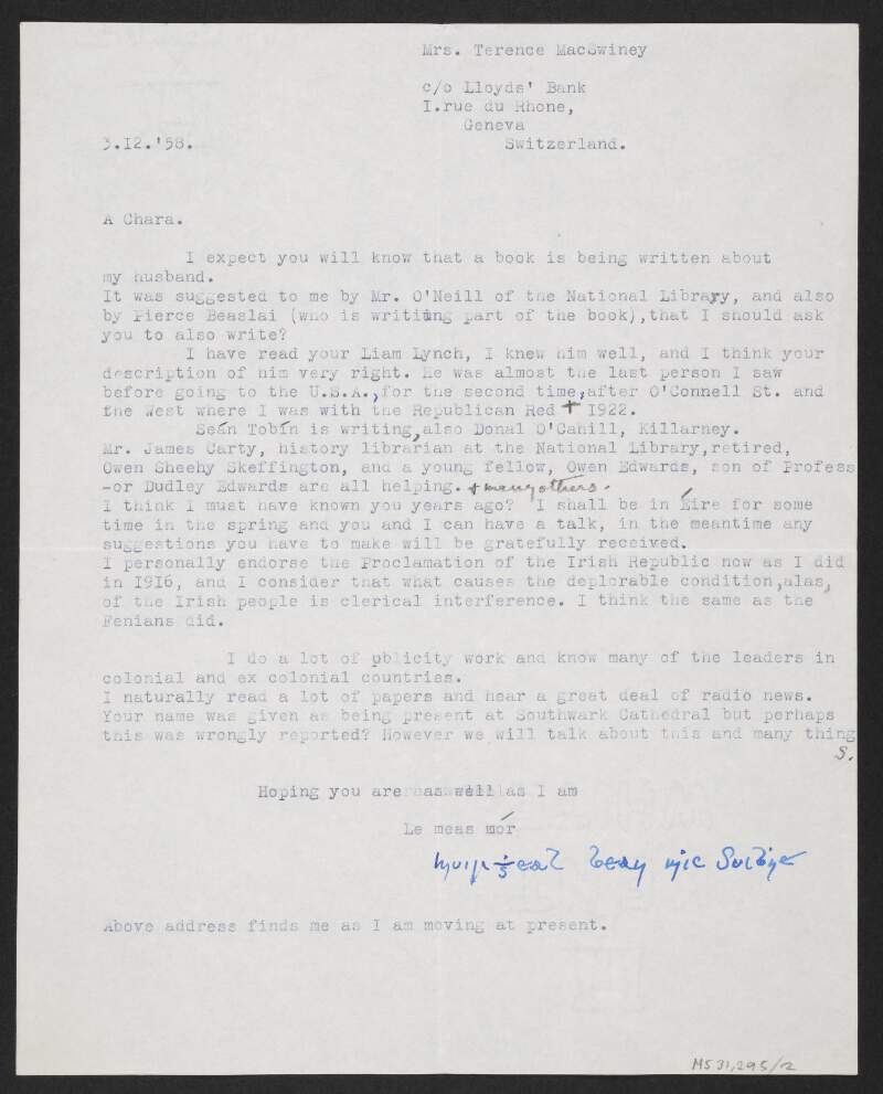 Letter from Muriel MacSwiney to Florence O'Donoghue requesting that O'Donoghue contribute to the production of a biography of Terence MacSwiney be written by multiple authors,