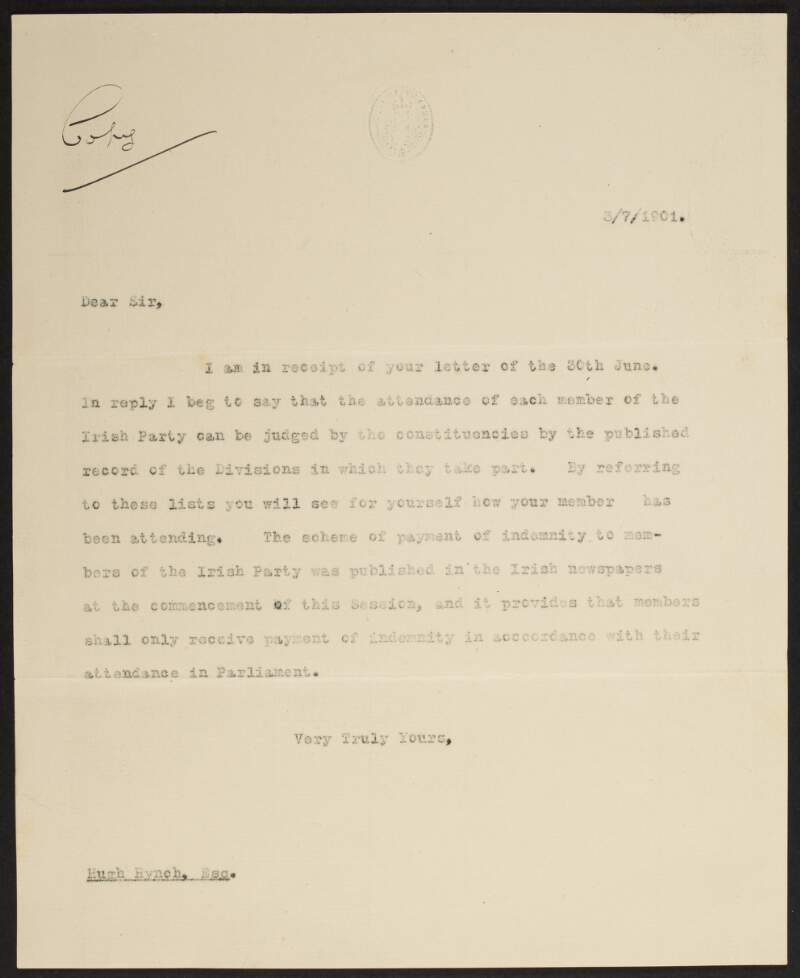 Copy letter from John Redmond to Hugh Hynch regarding the attendance of members of the Irish Parliamentary Party in parliament,