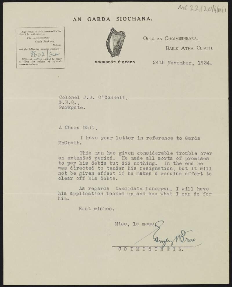 Letter from Eamon Broy to J.J. O'Connell regarding candidates for admission to An Garda Siochana,
