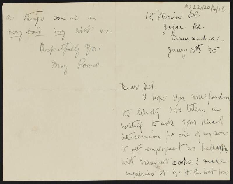 Letter from Mary Power to J.J. O'Connell regarding employment of her sons,