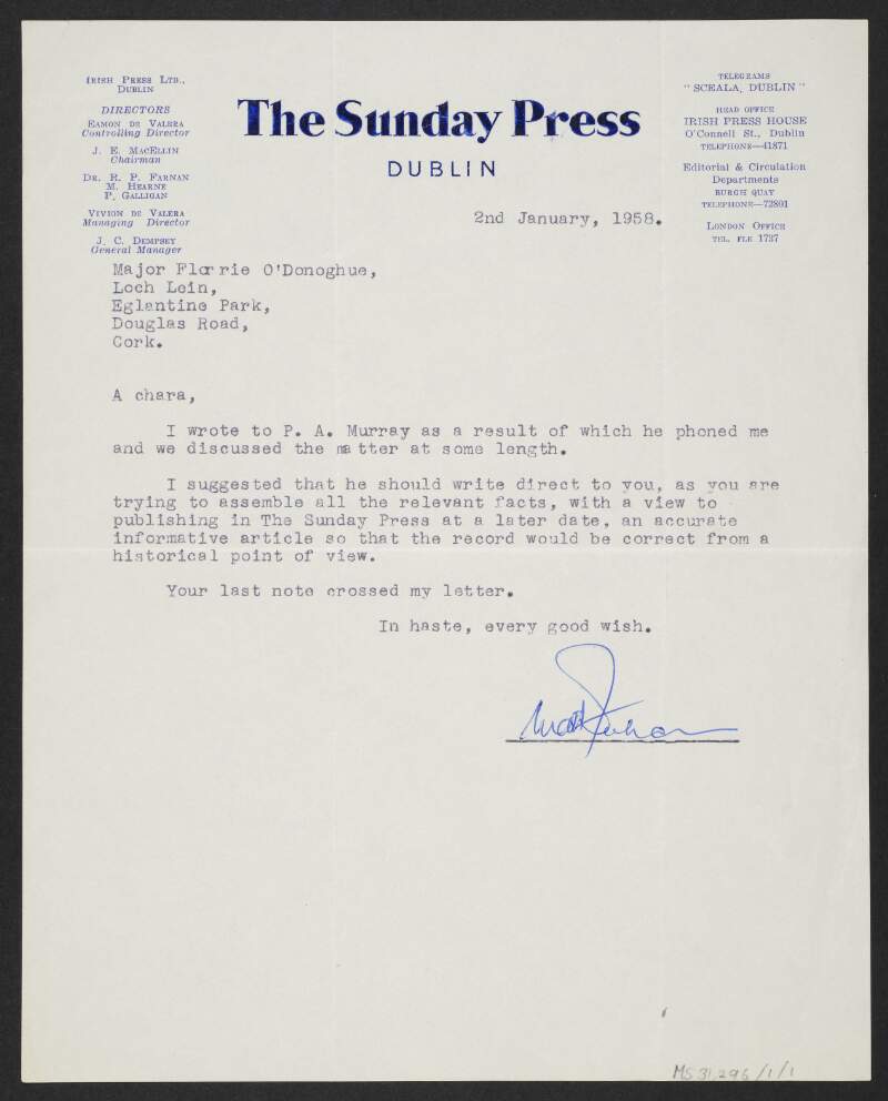 Letter from Matt Feehan, 'Sunday Press' to Florence O'Donoghue regarding an article O'Donoghue is writing for the newspaper,