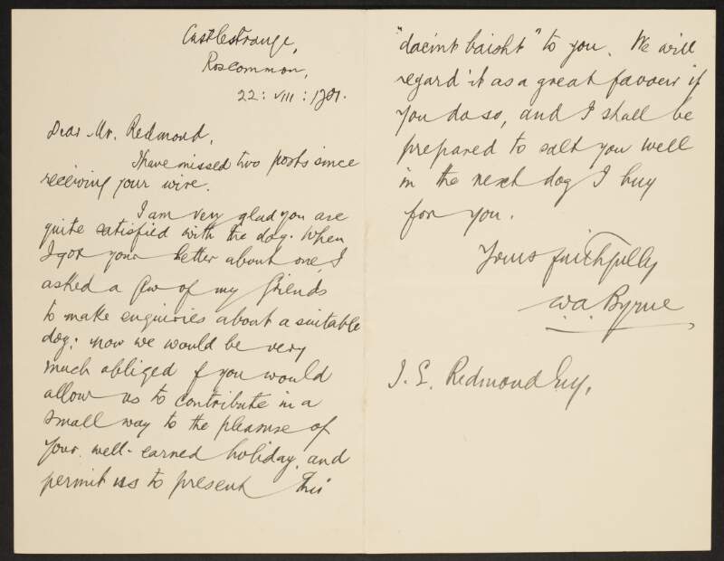 Letter from William A. Byrne to John Redmond regarding a dog and a holiday,