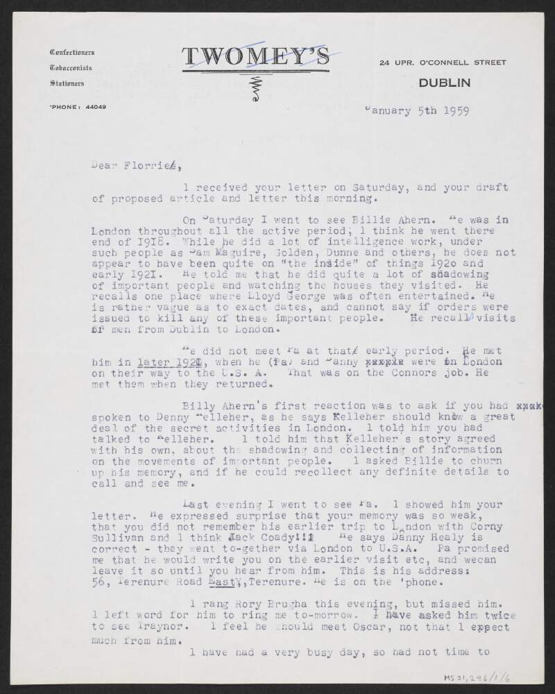 Letter from Moss Twomey to Florence O'Donoghue regarding plans to assassinate members of the British Government before the Irish Civil War, and a meeting he had with Billie Aherne on the topic,