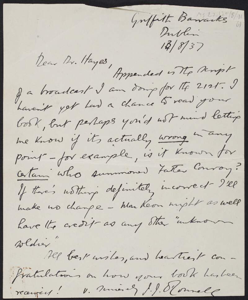 Letter from J.J. O'Connell to unidentified person regarding an attached script "The Races of Castlebar" written by O'Connell,