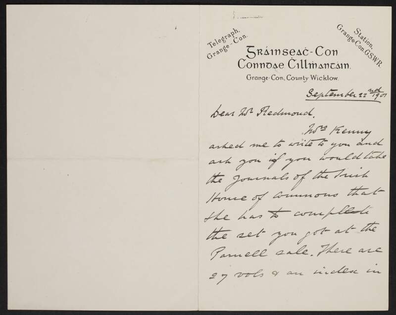 Letter from Pierce Mahony Jr. to John Redmond regarding the purchase of the 'Journals of the Irish House of Commons' to complete his set,