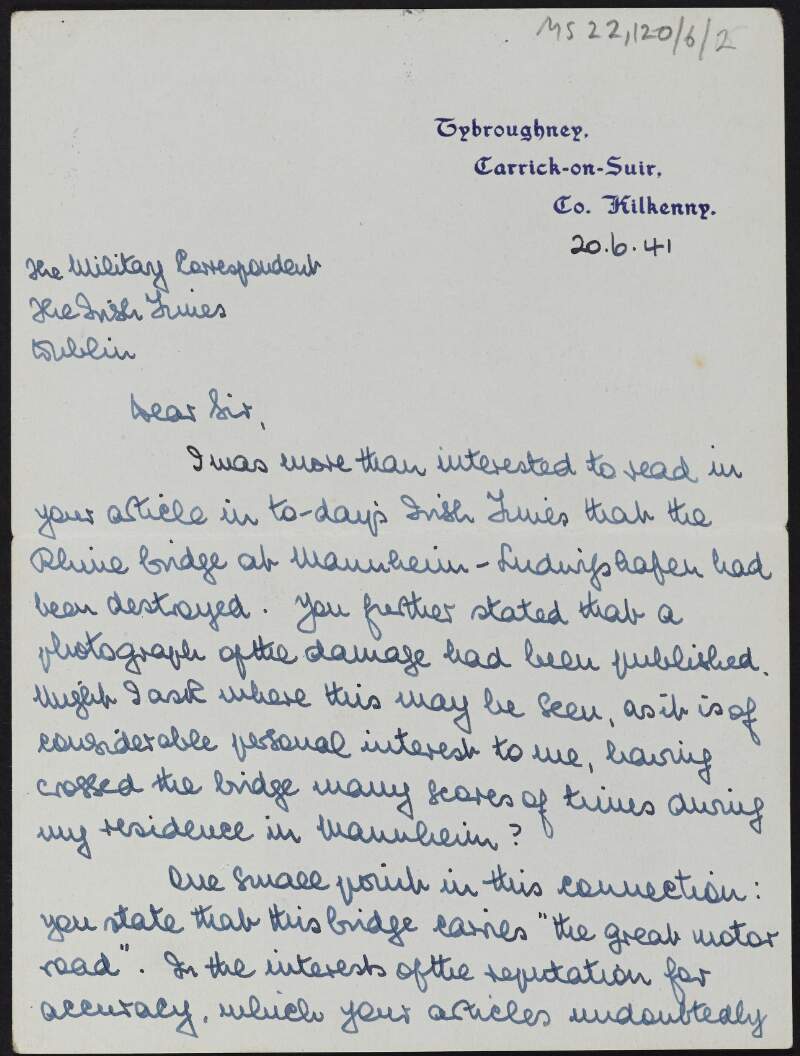 Letter from Francis Russell to J.J. O'Connell regarding an article written by O'Connell about a bridge in Germany that had been destroyed,