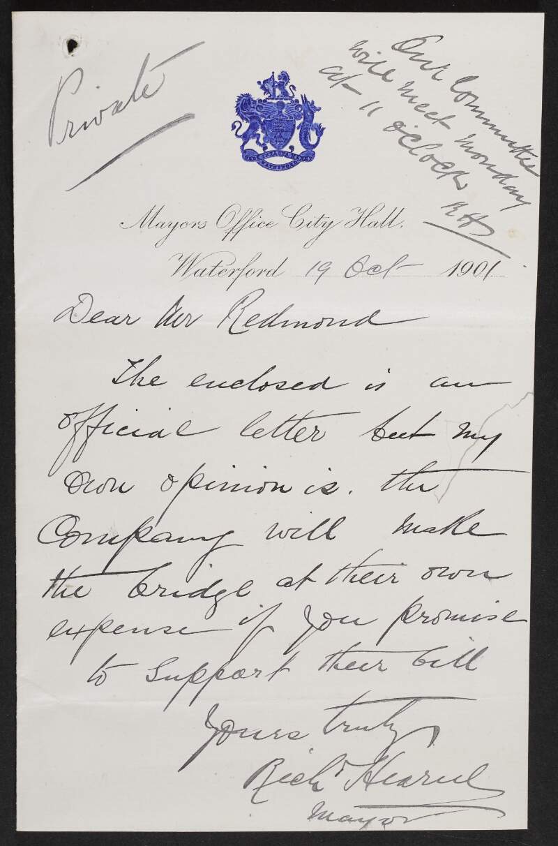 Letter from Richard Hearne to John Redmond regarding the sum to be accepted from the Great Southern & Western Railway for the construction of the free bridge in Waterford,
