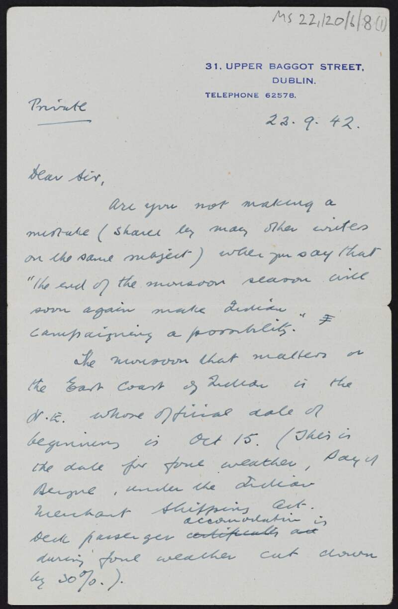 Letter from unidentified author to J.J. O'Connell regarding World War II,