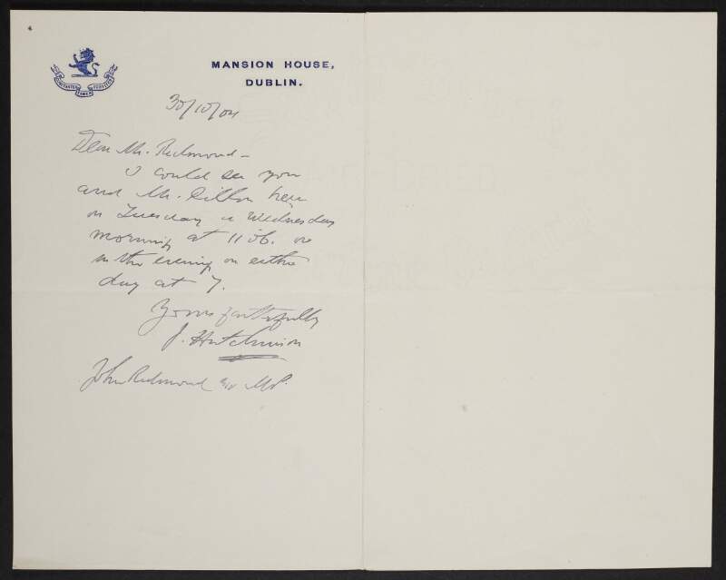 Letter from Joseph Hutchinson to John Redmond arranging a meeting,