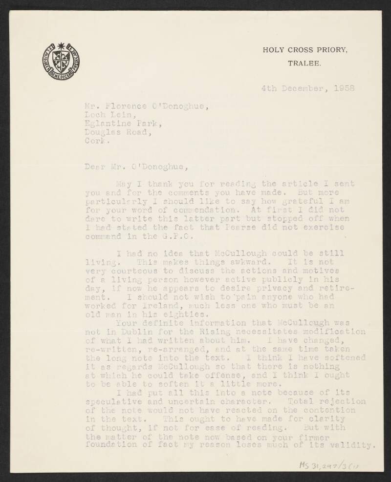 Letter from John M. Heuston to Florence O'Donoghue regarding feedback from O'Donoghue on Heuston's article titled "Headquarters Battalion, Easter Week 1916",
