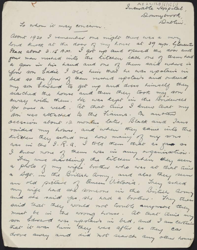 Letter from Frederick Smith to J.J. O'Connell regarding events during 1920 and details of a home raid,