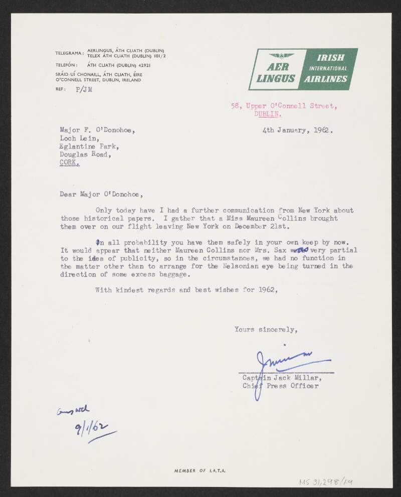 Letter from Captain Jack Millar, Chief Press Officer, Aer Lingus, to Florence O'Donoghue inquiring if O'Donoghue has received Peter Golden's papers yet,