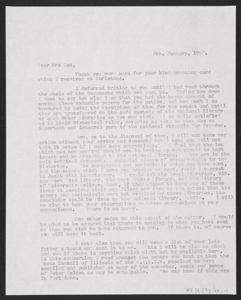 Copy letter from Florence O'Donoghue to Eithne Golden Sax suggesting that Peter Golden's papers transferred to the National Library of Ireland,