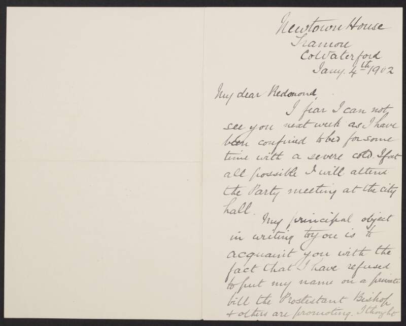 Letter from unidentified person to John Redmond providing reasons for not putting his name to the private bill promoted by the Protestant Archbishop of Cashel,
