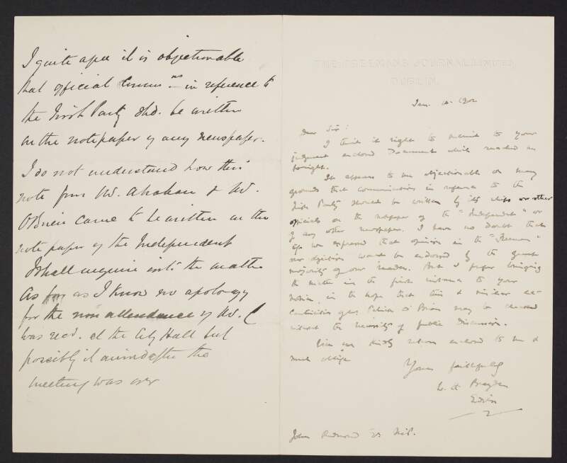 Letter from William Henry Brayden, Editor of the 'Freeman's Journal', to John Redmond regarding an official communication from the Irish Party which was written on the notepaper of the 'Independent',