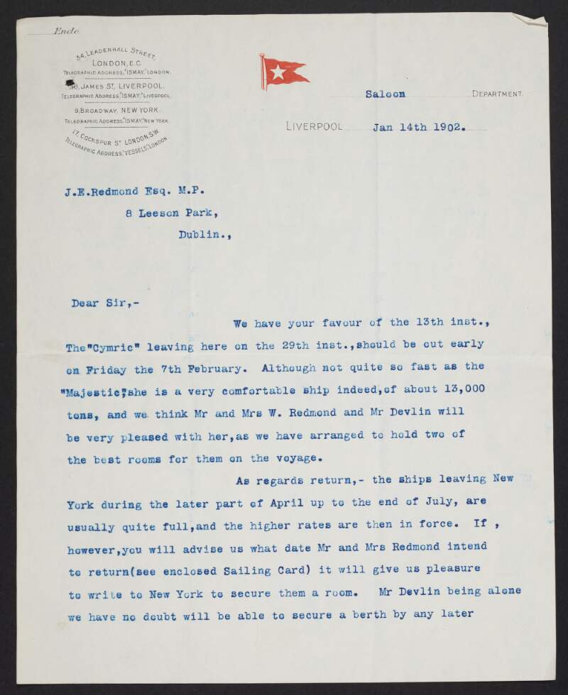 Letter from Ismay, Imrie & Company to John Redmond regarding travelling to America on the 'Cymric',
