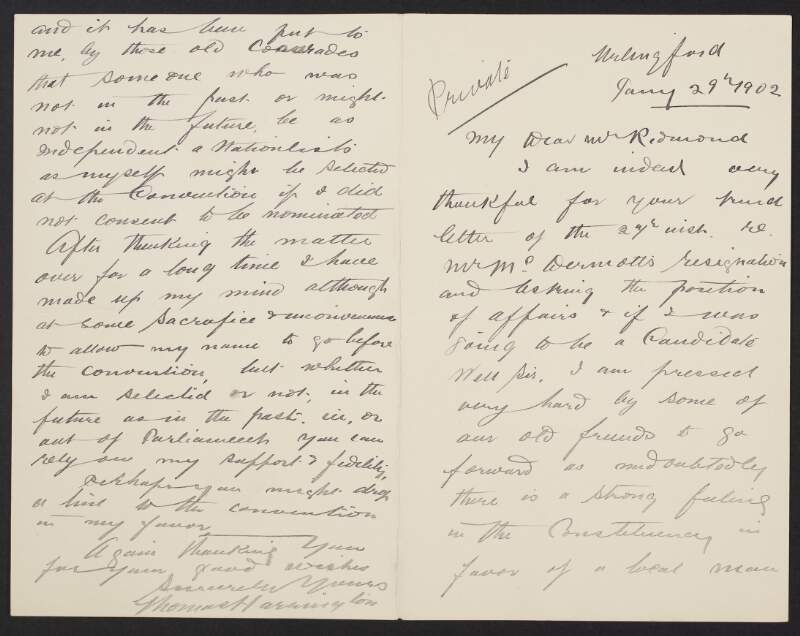 Letter from Thomas Harrington to John Redmond agreeing to stand as a candidate,