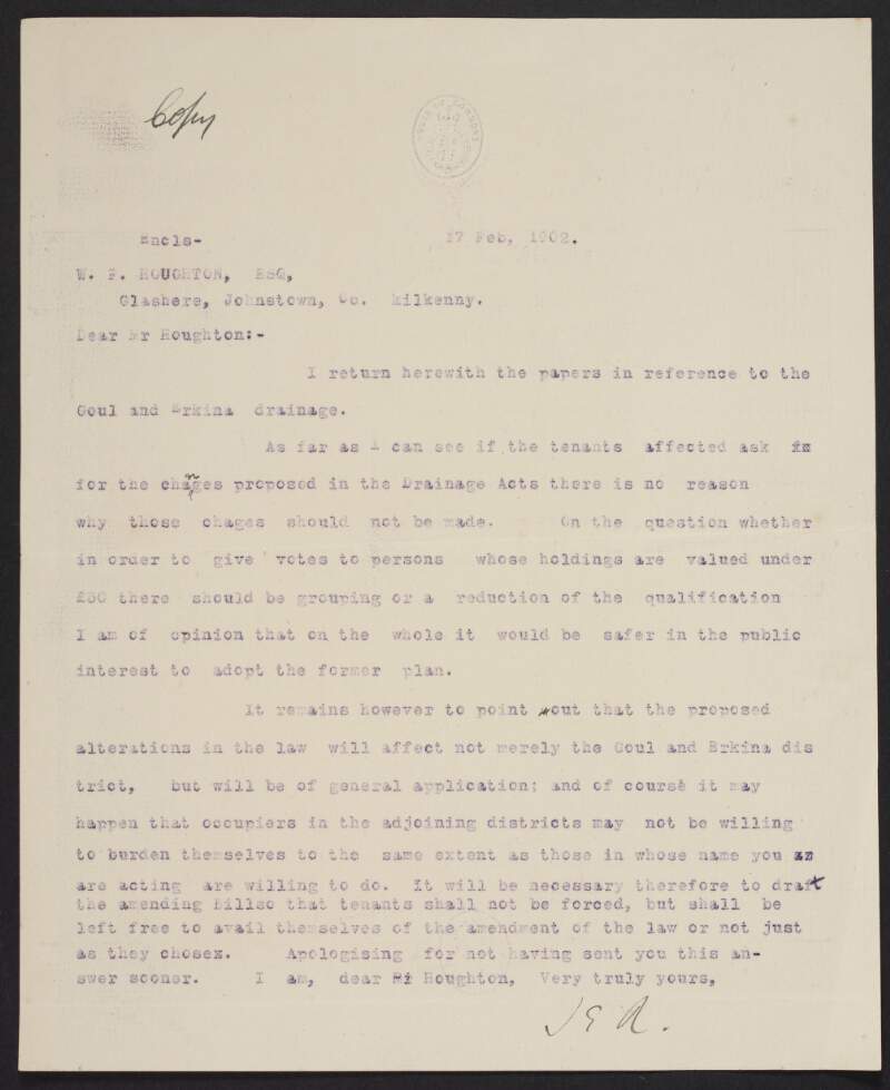 Copy letter from John Redmond to William Fred Houghton regarding tenants affected by drainage problems in the Goul and Erkina district,