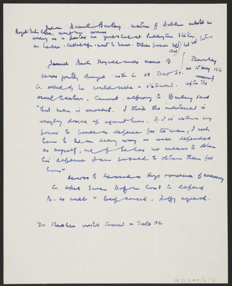 Draft notes by Florence O'Donoghue regarding the case against Daniel Bailey in the aftermath of the Easter Rising,