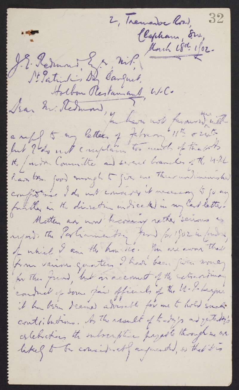 Letter from Patrick D. O'Hart to John Redmond regarding the Parliamentary Fund for 1902 in London,