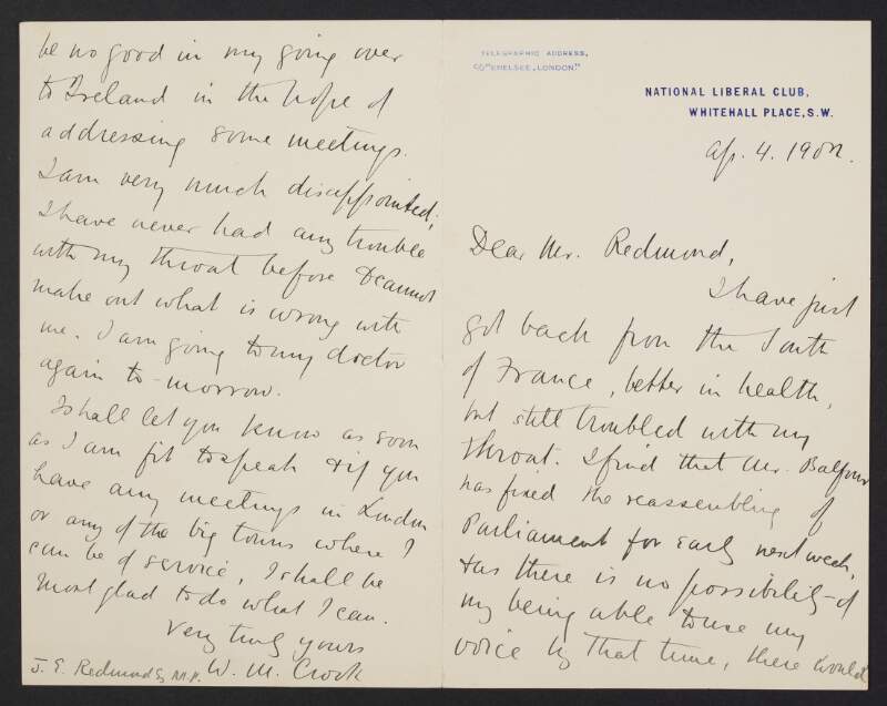 Letter from unidentified person to John Redmond regarding being unable to attend meetings in Ireland due to illness,