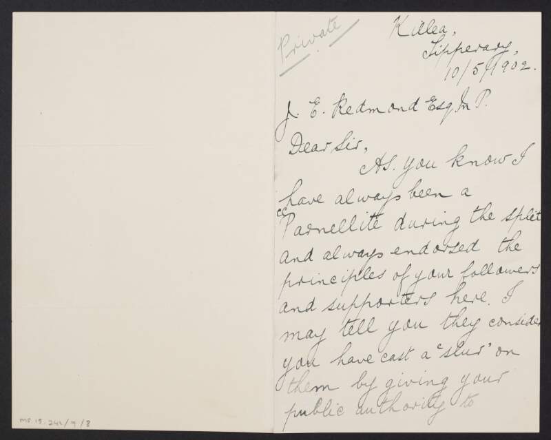 Letter from James W. Green to John Redmond regarding Redmond authorising John Cullinan to contest in the election,