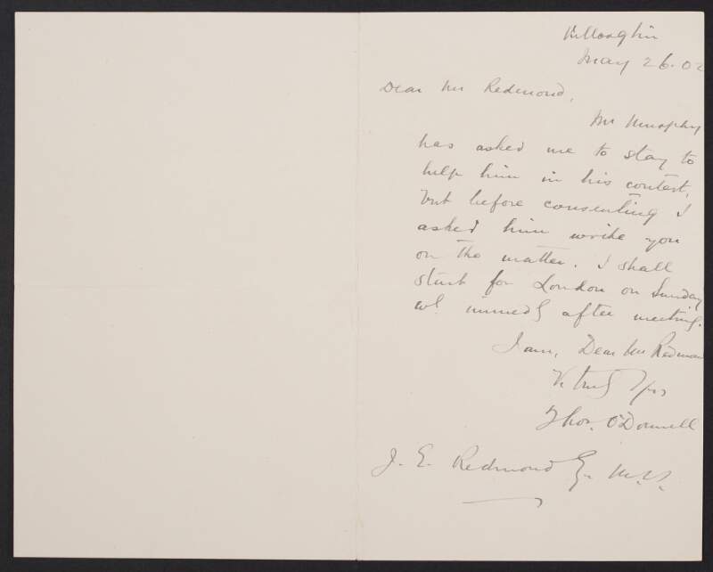 Letter from Thomas O'Donnell to John Redmond regarding helping a candidate in a forthcoming contest,