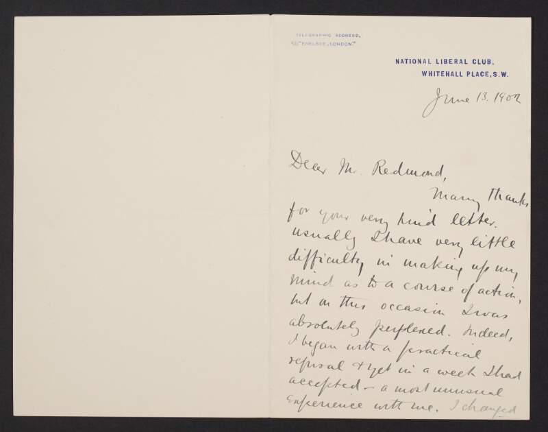 Letter from William Montgomery Crook to John Redmond regarding his decision not to enter parliament,