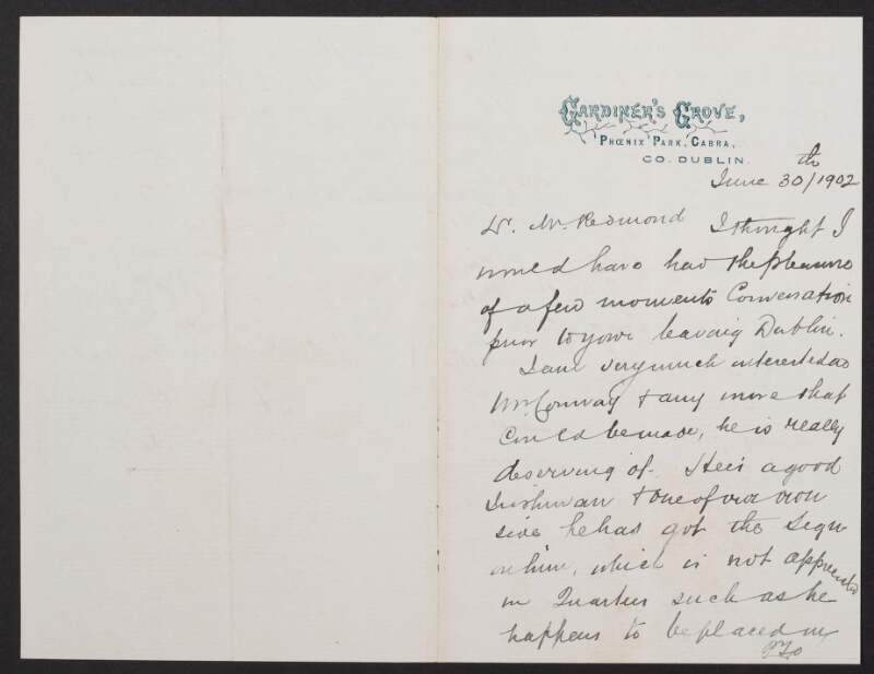 Letter from unidentified person to John Redmond regarding the appointment of an individual to a position,