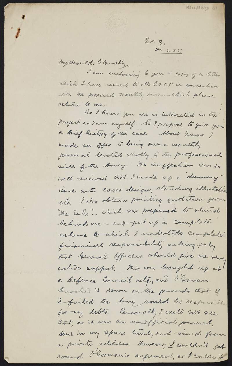 Letter from William James Brennan Whitmore to J.J. O'Connell regarding a journal devoted to the professional side of the army and also refers to a nonextant letter,