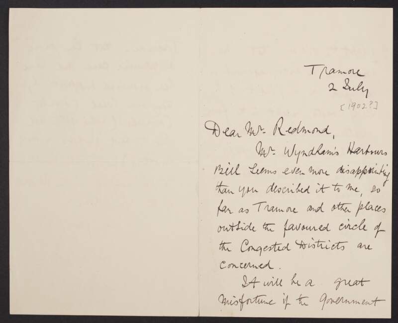 Letter from unidentified person to John Redmond expressing disappointment with George Wyndham's Harbours Bill,