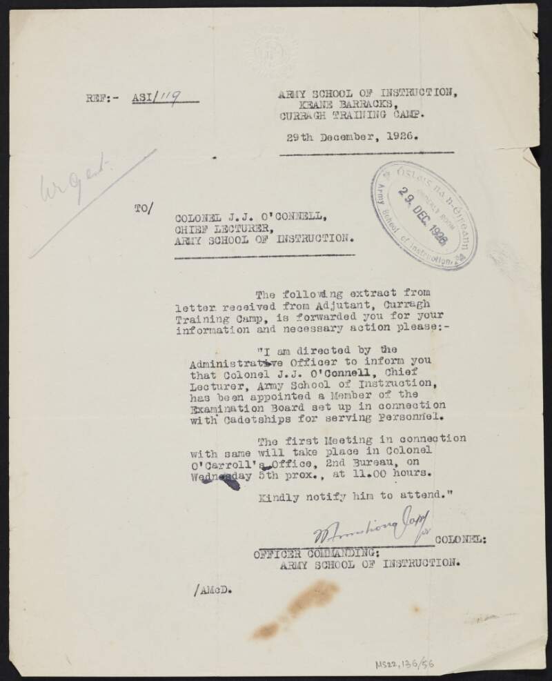Letter from unidentified author, Army School of Instruction, to J.J. O'Connell regarding O'Connell begin appointed as a member of the examination board,