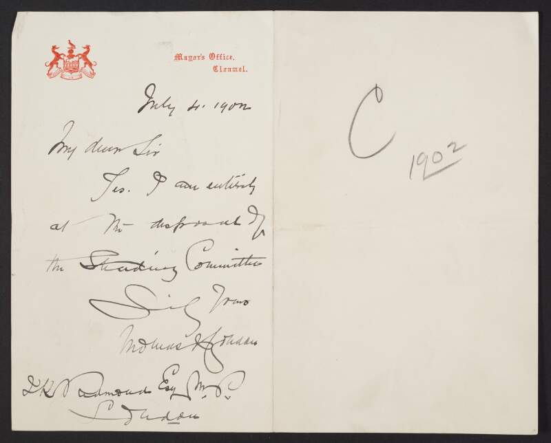 Letter from Thomas J. Condon to John Redmond offering his services to the Standing Committee,