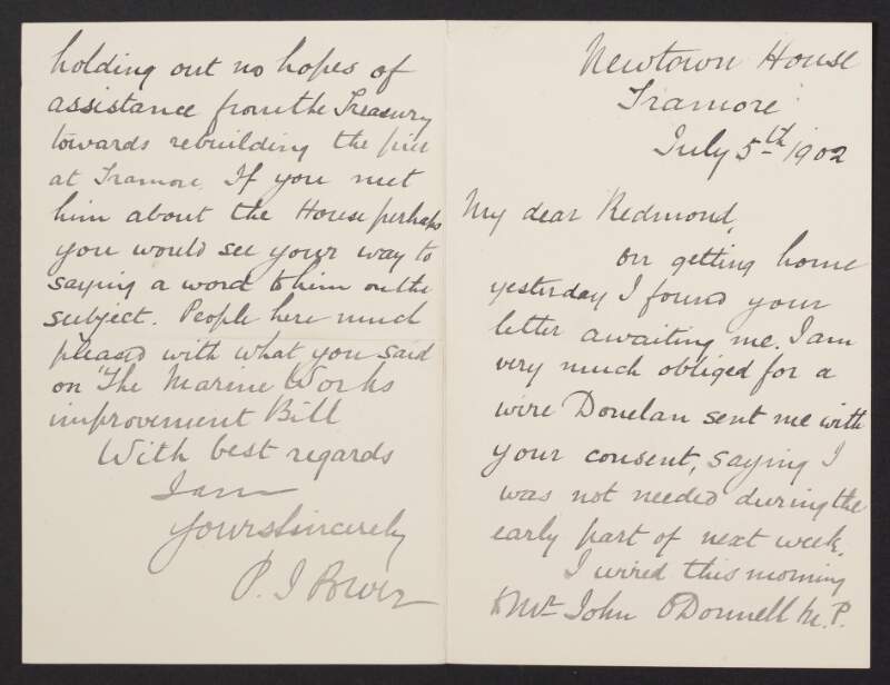 Letter from unidentified person to John Redmond regarding his health and a meeting with Austen Chamberlain regarding financing for rebuilding the pier at Tramore, Co. Waterford,