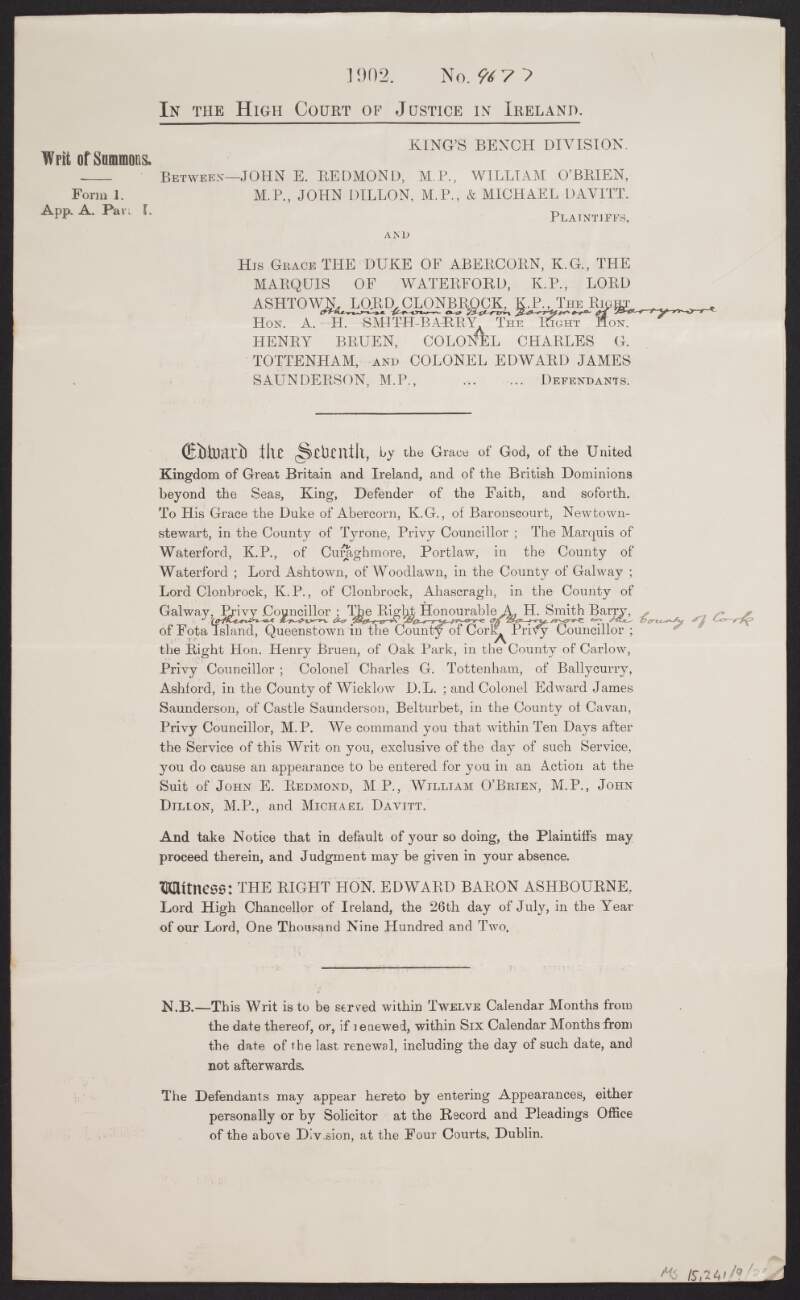 Writ of Summons between John Redmond and others, and the Duke of Abercorn,