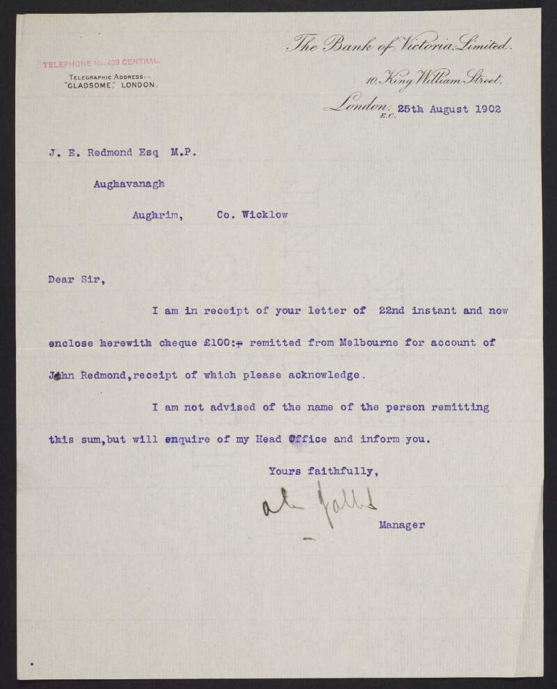 Letter from unidentified person, Bank of Victoria Limited, to John Redmond enclosing a nonextant cheque remitted from Melbourne, Australia,