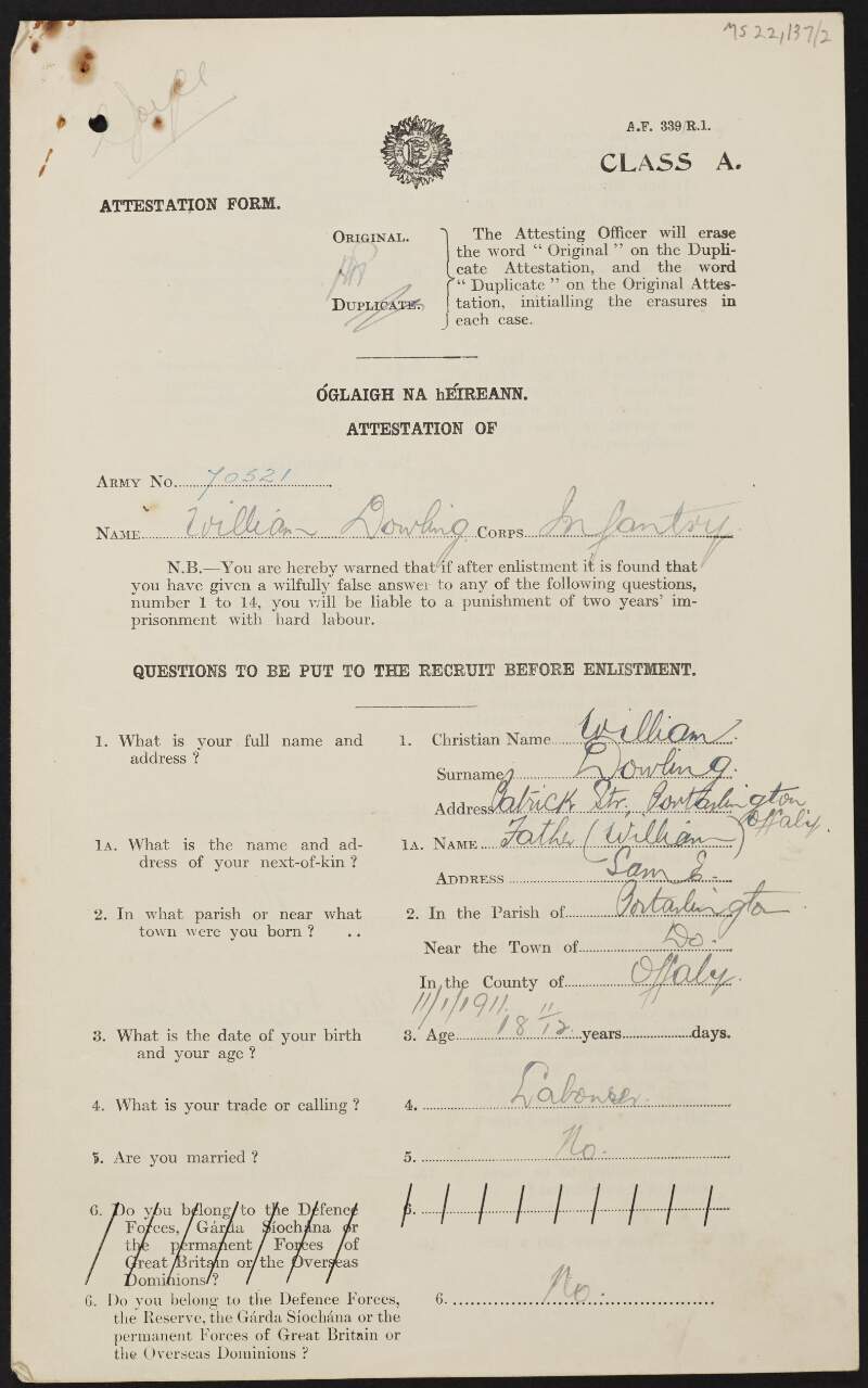 Attestation form of William Dowling,
