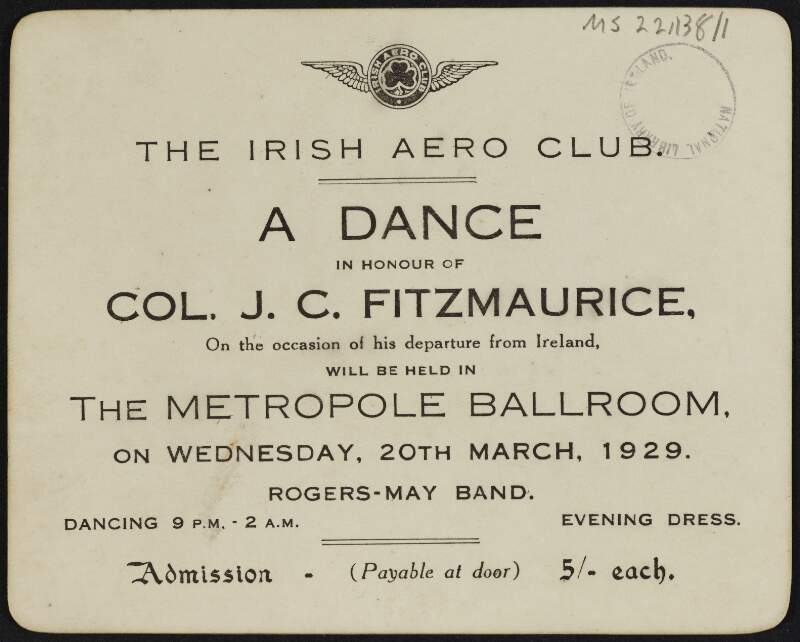 Invitation from the Irish Aero Club to a dance in honour of Colonel J.C. Fitzmaurice,