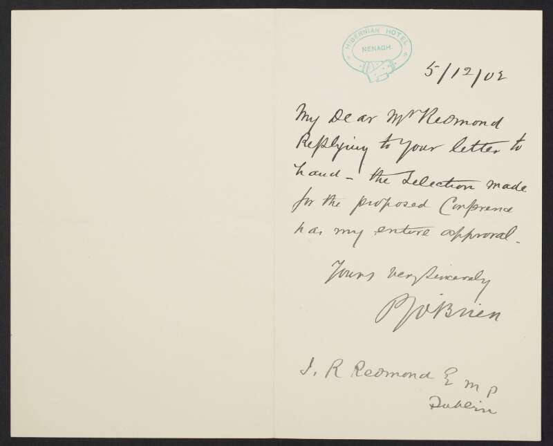 Letter from unidentified person to John Redmond expressing approval for the Irish Party's representatives of the tenants at the Land Conference,
