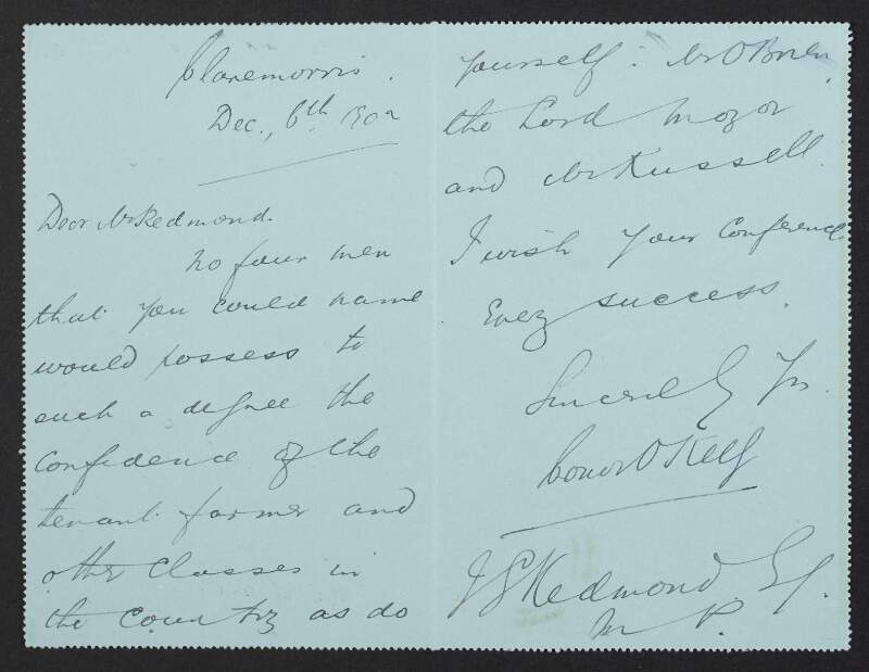 Letter from Conor O'Kelly to John Redmond expressing approval for the Irish Party's representatives of the tenants at the Land Conference,