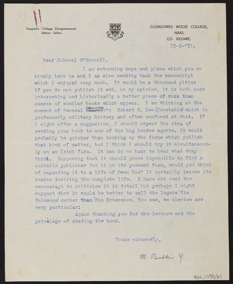 Letter from Clongowes Wood College to J.J. O'Connell regarding the return of maps and suggesting he contact London agents about his book,