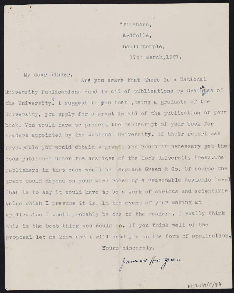 Letter from James Hogan to J.J. O'Connell regarding a grant provided by the National University in aid of publications by graduates,