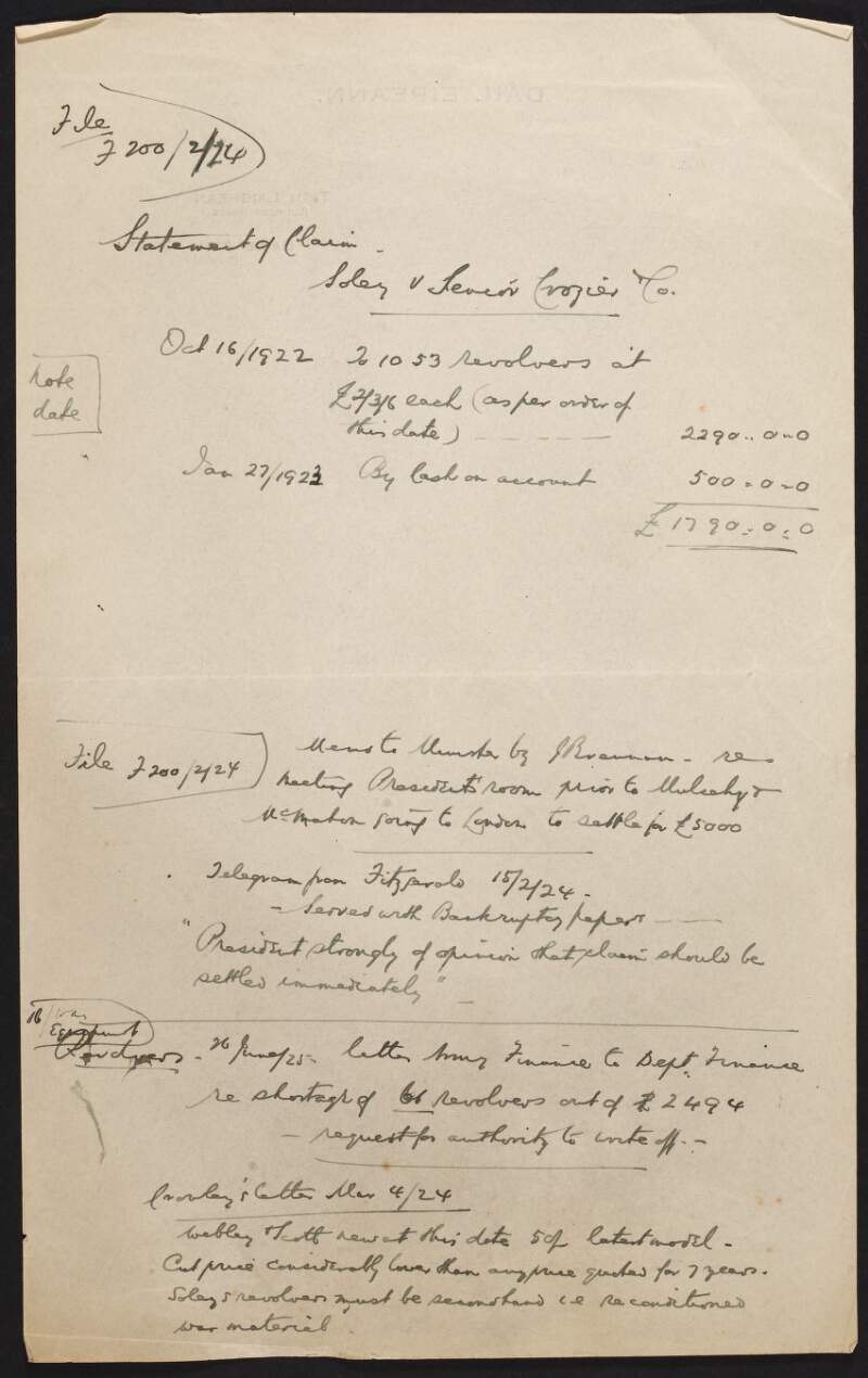 Notes by Thomas Johnson regarding communications concerning the purchase of arms for the Irish Free State Army from October 1922 to March 1924,