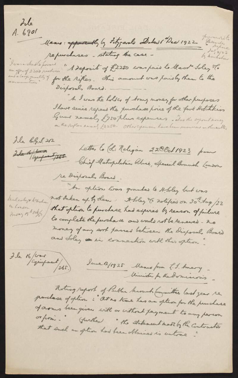 Notes by Thomas Johnson regarding communications detailing purchases for the Irish Free State Army,