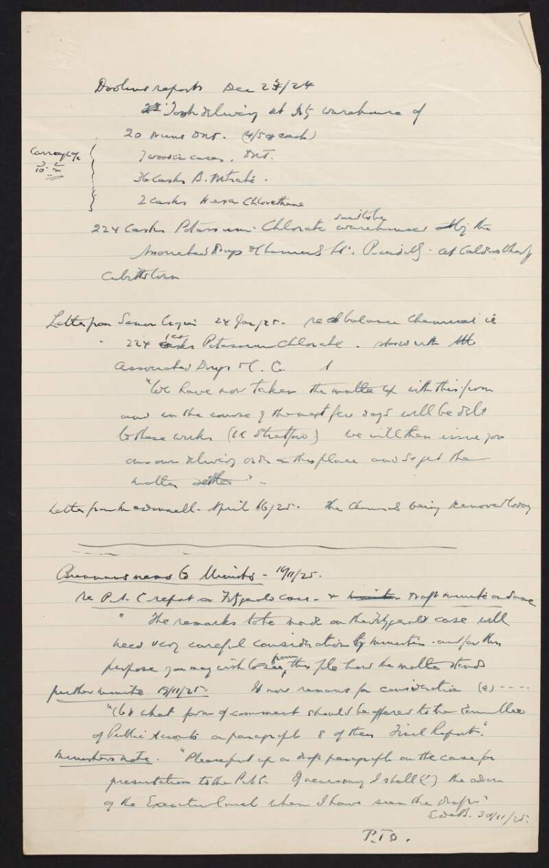 Notes by Thomas Johnson regarding purchases for the Irish Free State Army,