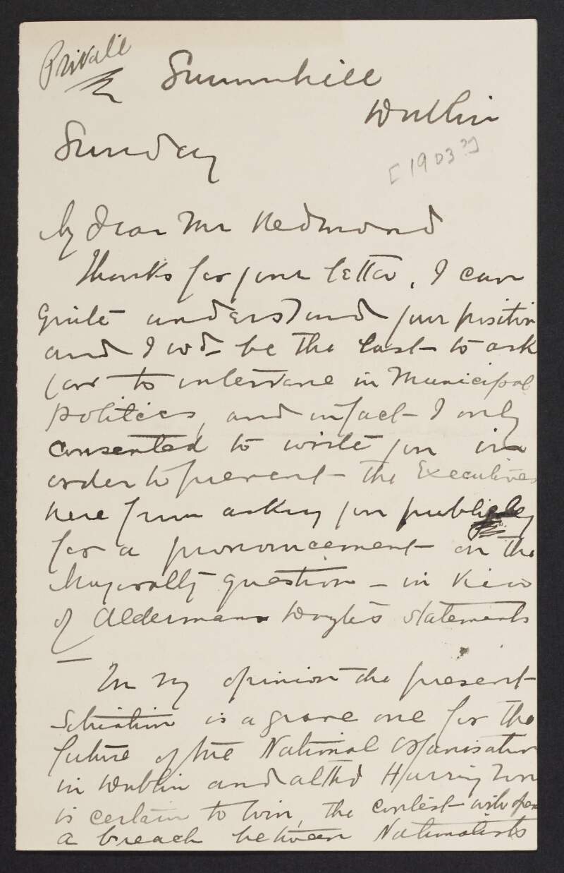 Letter from unidentified person to John Redmond regarding a contested mayoral election in Dublin,